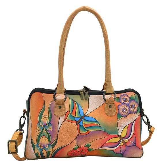 Hand-Painted Genuine Leather Multi Compartment Satchel - Butterfly C UwU - Picture 1 of 4